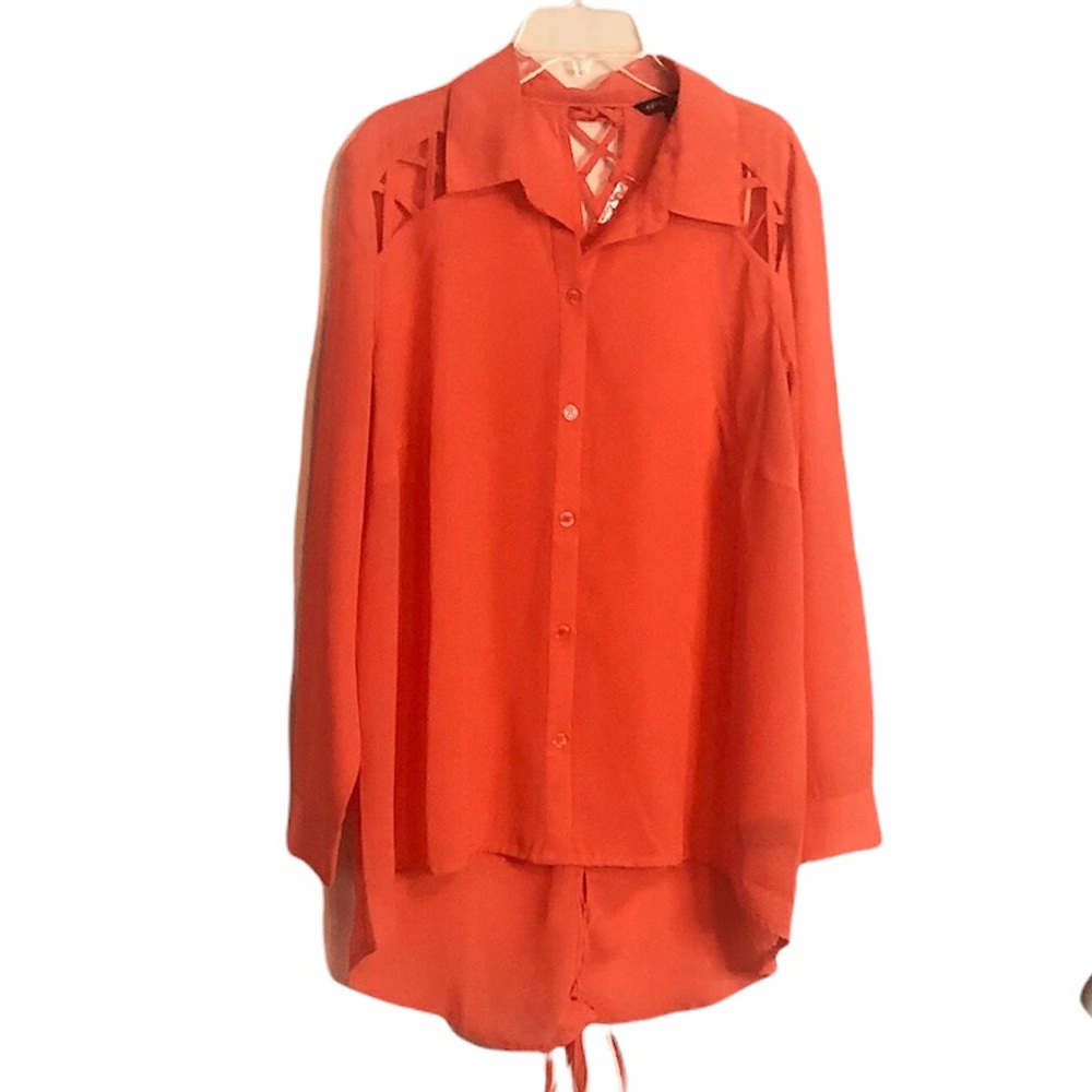 Plus Moda women coral longsleeve button down semi sheer high low shirt tail